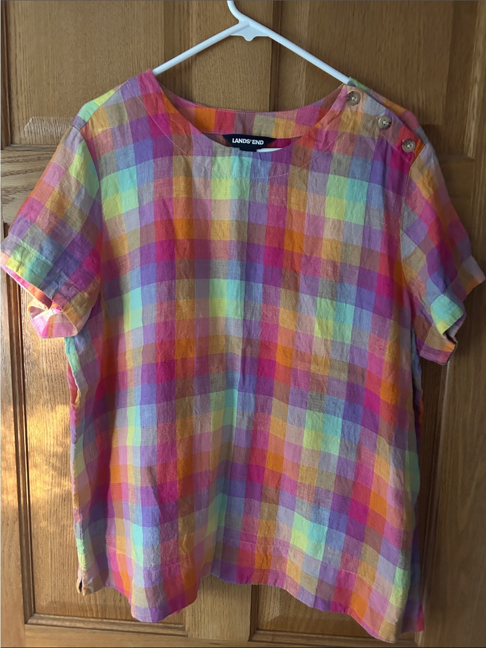 Lands' End Multicolor Gingham Linen Top
